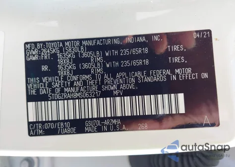 2021 Toyota Highlander Xle z USA, uszkodzony, nr VIN 5TDGZRAH8MS063217